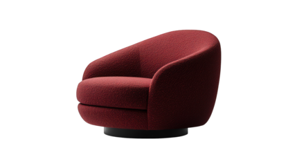 Plush, burgundy armchair with a rounded back, sitting on a dark base