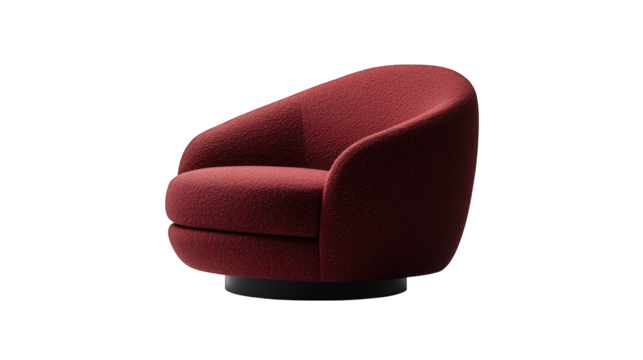 Plush, burgundy armchair with a rounded back, sitting on a dark base