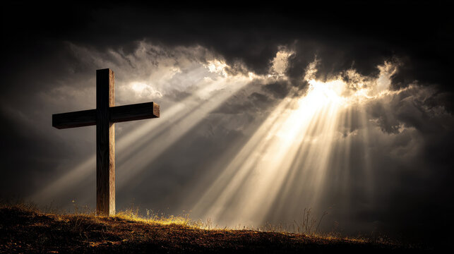 Wooden cross on hill with dramatic sky heavenly light rays shining through Solitary wooden cross stands against stormy sky, with radiant beams of light breaking through clouds, symbolizing hope faith