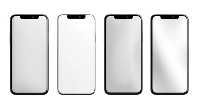 Four mobile devices shown from varied angles mobile phone collection displayed from multiple viewpoints