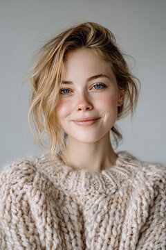 Kobieta, sweter, dzianina, miękki, ciepły, komfort, przytulny, styl, moda, portret, p&oacute;ł-ciała, europejska, uśmiech, delikatna, naturalna, casual, zima, jesień, dzianinowy, tekstura, detal, subtelność,