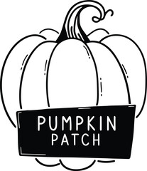 Hand drawn vector line art illustration of a pumpkin with a solid black banner featuring the white text 'pumpkin patch', perfect seasonal doodle artwork for fall harvest theme designs.