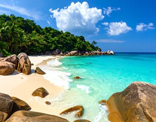 Tropical beach with turquoise water and lush greenery (1)