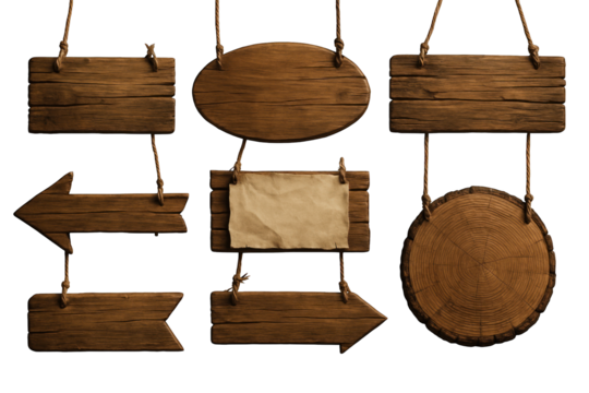 Rustic wooden signs with varied shapes, hanging by ropes
