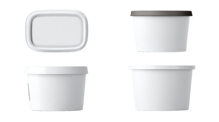 Four white plastic cups displayed each cup is white made of plastic and empty four