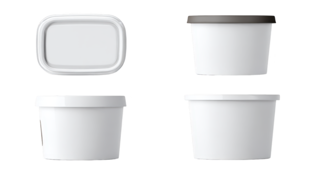 Four white plastic cups displayed each cup is white made of plastic and empty four