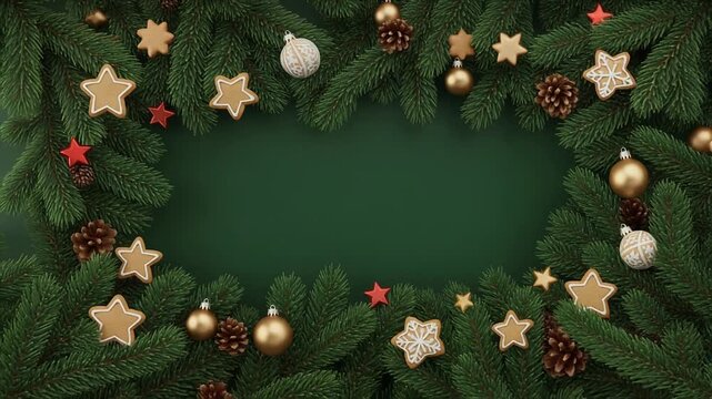 A 3D animation revealing a festive Christmas frame. Pine branches, cookies, and ornaments create a border. Perfect for holiday greetings or intros.