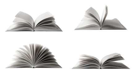 Open books rest on dark background a quartet of open books displayed against dark backdrop