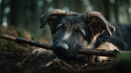 Fototapeta premium German Shepherd Puppy Chewing Stick in Forest Outdoors Realistic Detailed Lighting