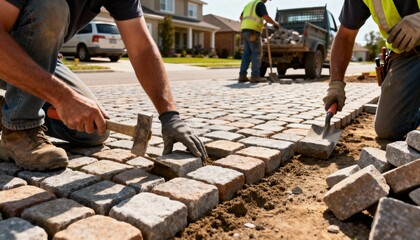 Construction team fitting cobblestones ensuring even surface for smooth vehicle access in a residential driveway