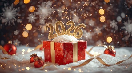 Golden 2026 numbers rising from a festive red and white gift box in a snowy Christmas scene
