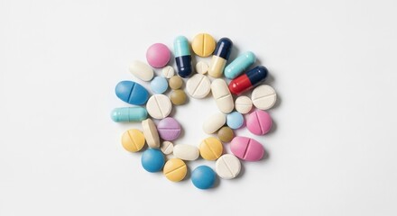 An assortment of colorful pills and capsules forming a spiral on white