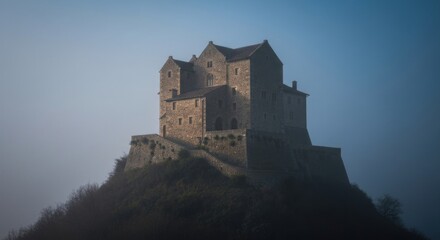 Obraz premium Ancient stone castle perched atop a misty hill, medieval architecture