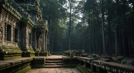 Obraz premium Ancient stone temple ruins overgrown by lush green forest, stairs visible