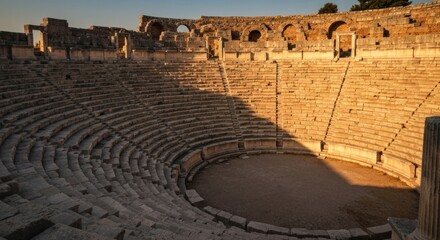 Ancient stone amphitheater with tiered seating, bathed in warm sunlight