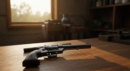 Antique revolver on wooden table, workbench with light-filled window in background