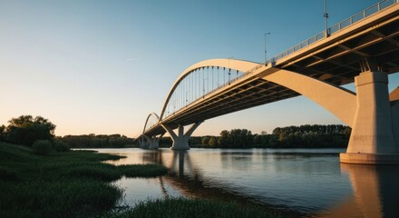 Obraz premium Arch bridge over river, concrete supports, sunset glow on steel suspension cables