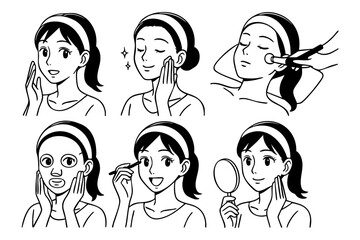 Fototapeta premium Woman beauty cosmetic character icon in japan doodle hand drawn style. Vector stock