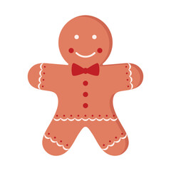 Vector illustration of cute gingerbread man cookie figure decorated with a red bow and buttons isolated on a white background.