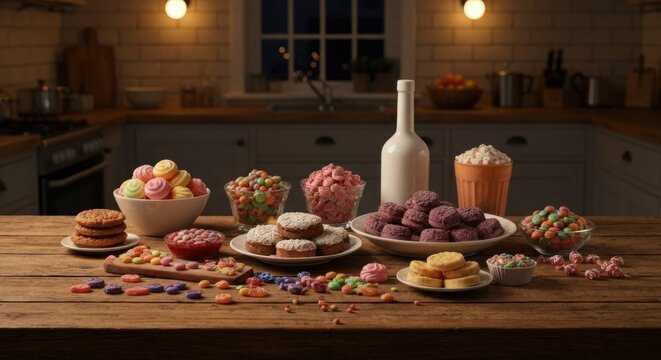 Assorted candies & treats on a rustic kitchen table in warm, cozy lighting - Powered by Adobe