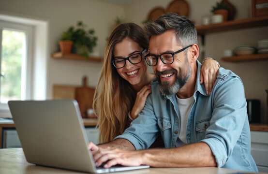Happy couple with glasses laugh while looking at laptop screen together in modern kitchen. Man types on computer, woman hugs him from behind sharing joy. Domestic scene of love and fun. - Powered by Adobe