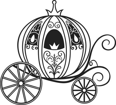 Cinderella fairytale pumpkin carriage vector illustration outline drawing isolated on white background with crown element and ornate scrollwork decoration wedding concept design