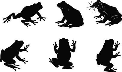 Naklejka premium Frog silhouettes sitting, climbing, jumping, catching prey, amphibian vector illustration, wildlife design, nature animal art, reptile amphibian graphic, pond creatures collection