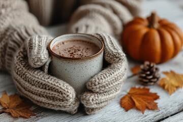Cozy autumn scene with a warm beverage and seasonal decorations