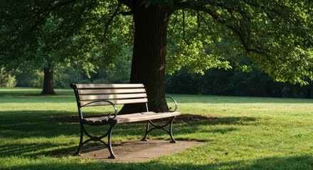 Fototapeta premium Bench sits in sunlit park beneath large leafy tree, peaceful scene