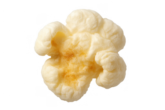 Popcorn kernel, single piece of popped corn isolated on transparent background, cinema snack food, movie night entertainment