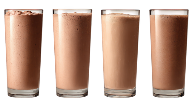 Row of four tall glasses filled with rich chocolate tall glasses hold decadent chocolate dessert presented neatly