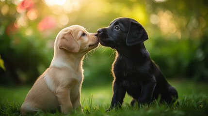 Two Puppies One Yellow One Black Share A Kiss In A Sunlit Garden