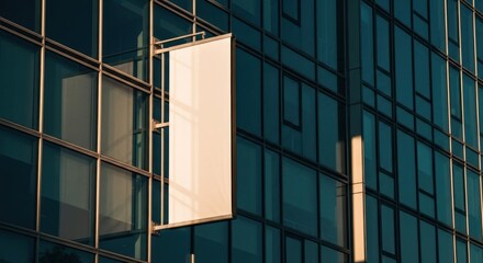 Blank, rectangular sign hangs against a modern, glass-walled building