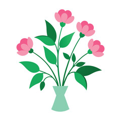 a vase with pink flowers and green leaves