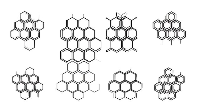 Several hexagonal structures are shown in various arrangements, forming a pattern of abstract shapes - Powered by Adobe