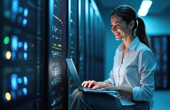 Woman works with laptop in server room. She smiles while checking data on computer screen. Rows of glowing servers surround her in dark datacenter.