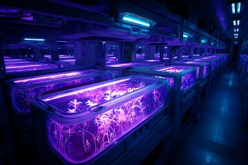 Obraz premium Futuristic vertical farm uses glowing purple hydroponic lights to cultivate lush greenery in controlled sterile environment
