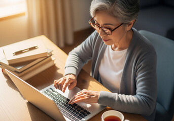 眼鏡をかけたシニア女性が、日当たりの良いテーブルでノートパソコンを快適に使用している様子。生涯学習。アジア人、日本人