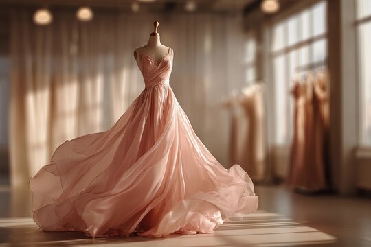 Elegant Rose Silk Dress Twirls Gracefully in a Bright Studio Setting Generative AI