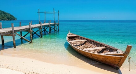 Obraz premium Boat on white sand beach next to pier in bright sun and clear turquoise water