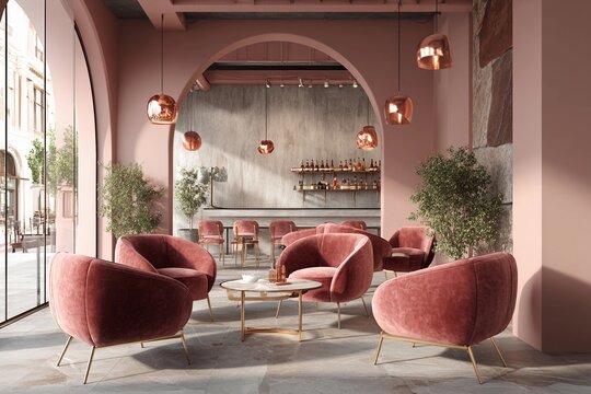 Cozy Shop Interior With Dusty Rose Accents and Modern Lighting Generative AI