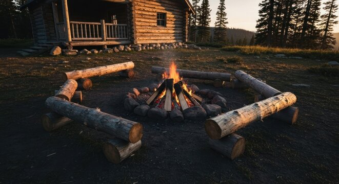Bonfire circle before a log cabin in the woods at dusk