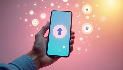 Person holds smartphone showing upload arrow icon. Digital interface icons float around. Mobile app for rewards, loyalty, data transfer. Online services connect user to digital world. Easy connection.