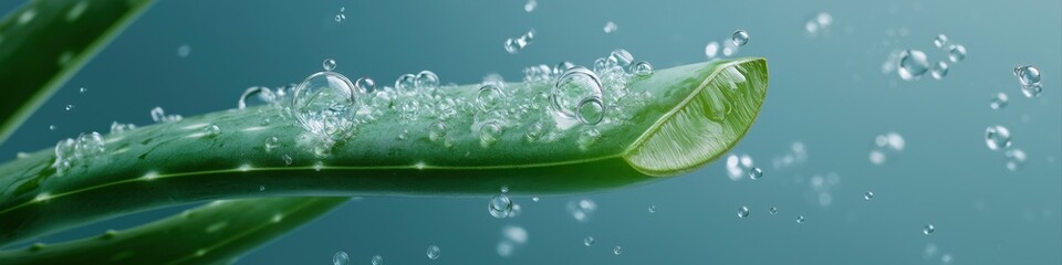 Close-up of aloe vera leaf with water droplets on blue background