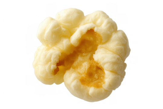 Popcorn snack, single fluffy piece with butter flavoring, ready for movie night, on transparent background