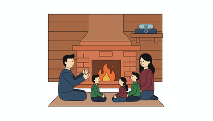 Naklejka premium A rustic cabin with a family gathered around a fireplace storytelling with no screens in sight with devices turned off on a shelf.