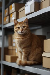 Ginger cat sitting on warehouse shelf among cardboard boxes