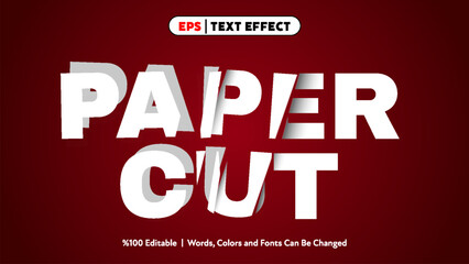 Paper cut style bold white letters with shadow on red background editable vector text effect design