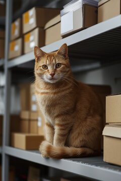 Ginger cat sitting on warehouse shelf among cardboard boxes