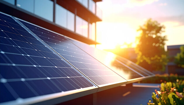 Harnessing the Sun: A modern building embraces sustainability, featuring solar panels that collect the energy from a warm, radiant sunrise. Capturing the bright future of renewable resources.